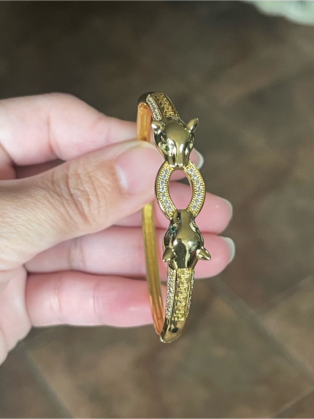 Gold Tone Panther Head Hinged Bangle Bracelet